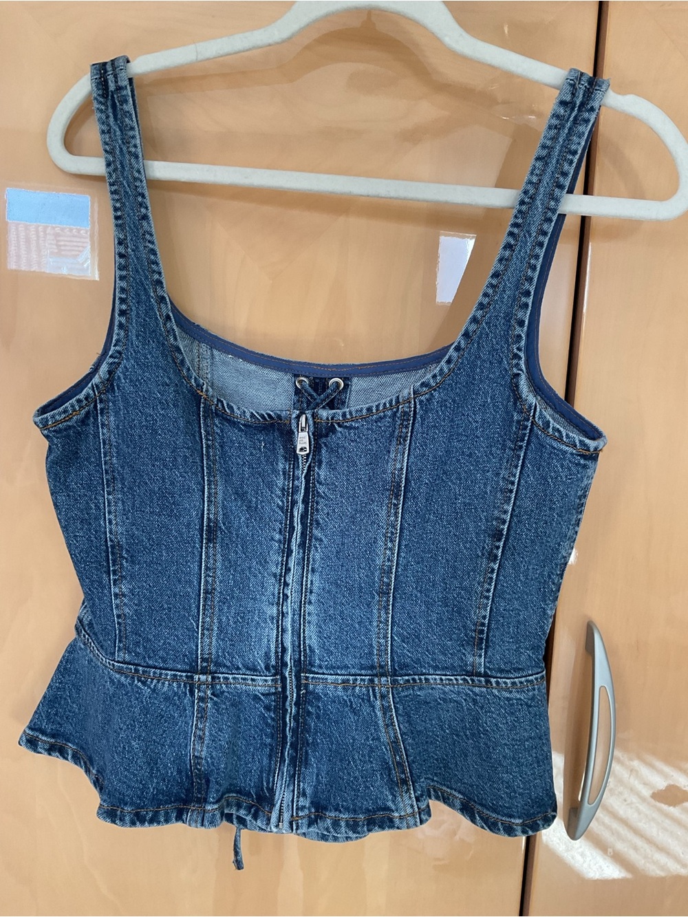 Avec Les Filles Denim Lace-Up Peplum Top - Denim Blue - Picture 5 of 8